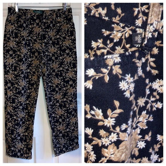 Ralph Lauren LRL Dark Floral Cotton Denim Crop Jeans Autumn Fall sz 8 Petite - Picture 1 of 10